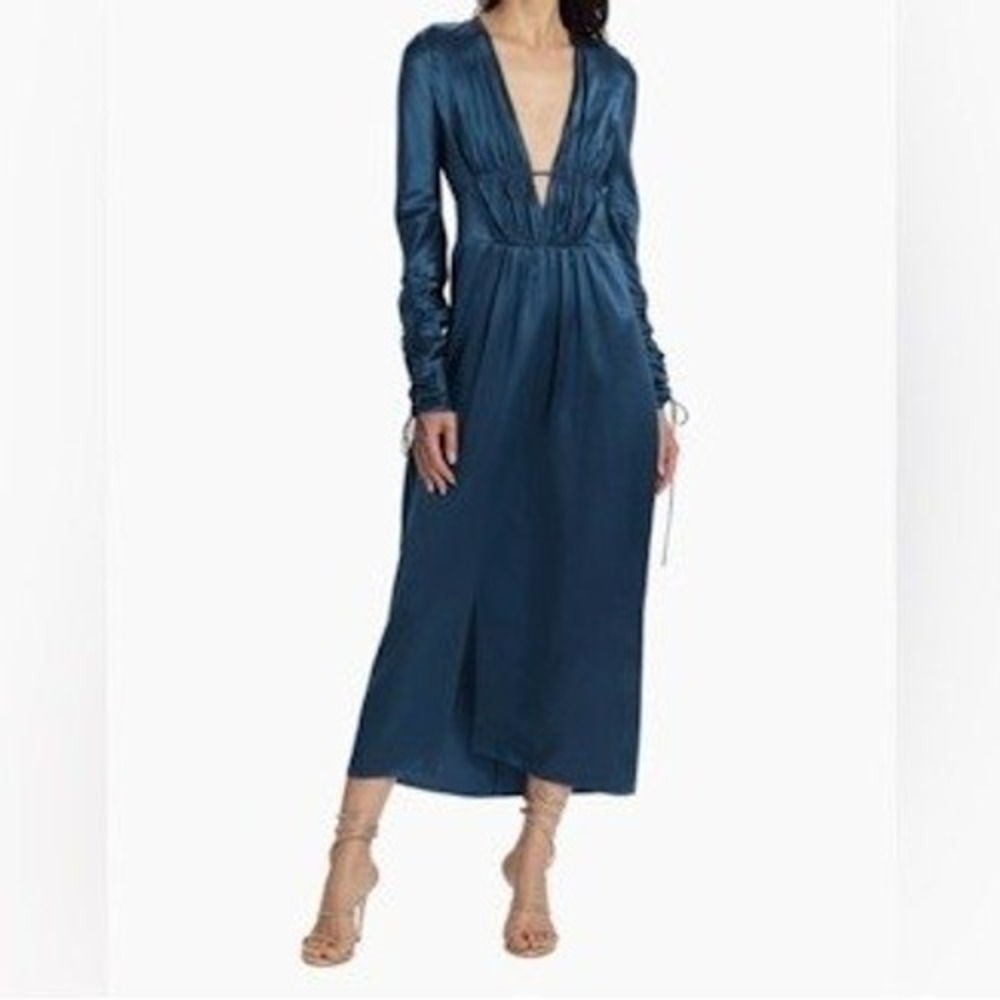 Alejandra Alonso Rojas 100% Silk Midi Dress Teal Blue V-Neck Ruched Size 4 NEW